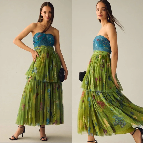 Geisha Designs Pleated Strapless Floral Midi Dress Anthropologie BHLDN S… - Picture 1 of 3